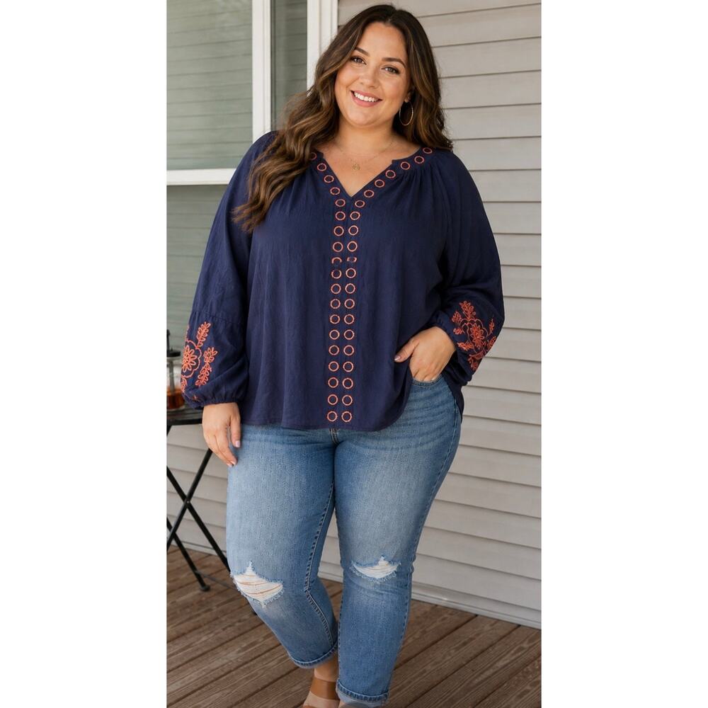 Rusttydustty 3XL Boho Embroidered Peasant Blouse Navy Orange Viscose Tunic Top